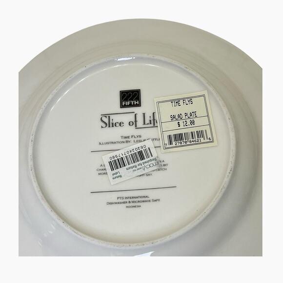 222 Fifth Slice Of Life Time Flys Salad Plate Decorative Black White Artsy 8.25" - Picture 6 of 6